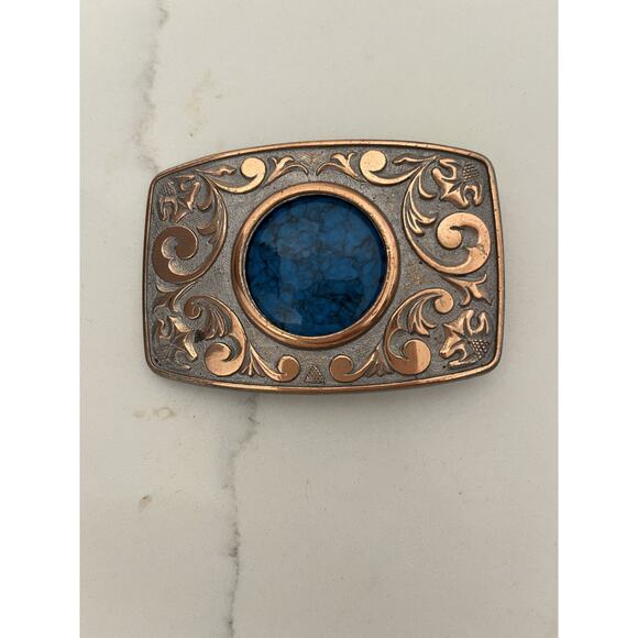 Belt Buckle Gold Tone Embossed Faux Turquoise Stone Southwestern Cowboy Cowgirl - Picture 1 of 2